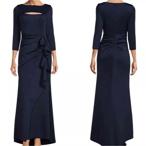 XSCAPE Scuba Boat Neck 3/4 Sleeve Cut-Out Ruched Side Bow Gown Size 18W - Picture 1 of 9